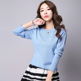 2015春秋新品韩版女式圆领长袖套头打底衫针织衫薄毛衣女短款外套