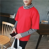 日系男士高领假两件卫衣韩版时尚条纹拼接休闲宽松棉卫衣红色卫衣