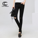 COCOBELLA2016夏装新款欧美范修身显瘦女黑色破洞牛仔休闲裤PT193
