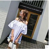 韩国新款一字领吊带露肩性感上衣女夏装宽松喇叭袖短袖雪纺娃娃衫