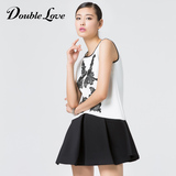 [转卖]DOUBLE LOVE女装2015秋冬新款 黑白色撞色蕾丝贴花连衣裙