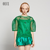 OECE 2016春装新款女装公主泡泡袖针织拼接圆领网眼上衣151NB101