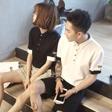2016夏季情侣装翻领短袖T恤polo衫男女学生韩版修身黑白撞色上衣