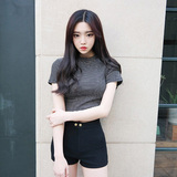 2016夏新款 韩版简约圆领短袖修身显瘦短款露腰细条纹上衣T恤女