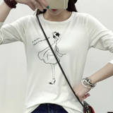 2016秋冬季棉质白色t恤 女圆领长袖韩版 简单图案大码体恤打底衫
