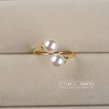 莉莲珠宝 925纯银镀金 正圆天然淡水珍珠 双珠开口戒指指环 女