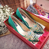 绿色水钻中式婚鞋红色高跟鞋结婚新娘鞋红鞋中跟龙凤旗袍单鞋