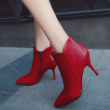 2016春季新款女鞋性感高跟细跟尖头短靴踝靴马丁靴红色婚鞋女靴子
