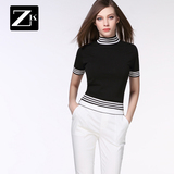 ZK修身显瘦撞色拼接黑白条纹T恤女装半高领短袖体恤2016夏装新款