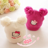 15新款女童帽子卡通猫咪双球宝宝帽女童加绒针织毛线帽女孩帽子冬