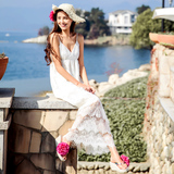 夏季韩版海滩裙白色沙滩裙波西米亚女连衣裙海边度假蕾丝吊带长裙