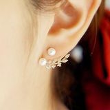 韩国代购925纯银耳钉 珍珠锆石树叶后挂式耳环饰品气质防过敏礼物