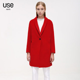 USE2015冬季新品欧美简约红色毛呢大衣直筒茧型一粒扣毛呢外套女