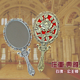 韩国进口玫瑰手柄化妆镜复古金属小镜子古铜色高档随身便携梳妆镜