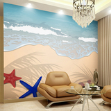 豪门大型壁画 蓝色地中海风 客厅电视背景墙纸壁纸 沙滩海星 壁画