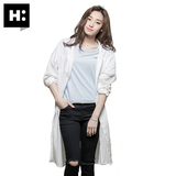 H:CONNECT韩版时尚女装百搭中长款全棉竖条纹衬衫2016新款夏季