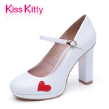 kiss kitty休闲女鞋新款甜美高跟鞋真皮圆头粗跟浅口单鞋