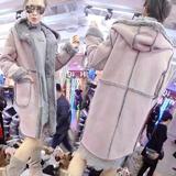 欧洲站2015新款女装冬季中长鹿皮绒外套羊羔毛大衣连帽直筒棉衣女