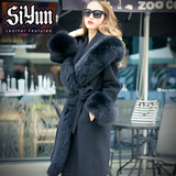 siyun/2016冬季新款法国设计羊毛呢外套女皮草大衣狐狸毛领中长款