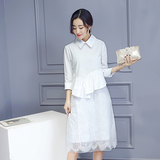 春装新款韩版中长款长袖甜美假两件衬衫蕾丝打底拼接纯棉连衣裙女