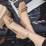 2016欧洲站时尚金属扣装饰高跟鞋 方头浅口粗跟单鞋 OL办公室女鞋