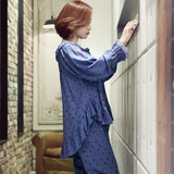 韩国春夏长袖女士睡衣套装薄款纤维棉蓝色超薄超轻宽松家居服现货
