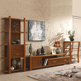实木框架地柜电视柜组合电视墙客厅柜可拉伸地柜现代中式梨木色