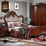 美式新古典橡木双人床1.8米真皮 欧式奢华实木雕花大床 卧室婚床