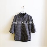 Daiwing春季男士韩版修身格子七分袖衬衫 青少年时尚字母刺绣衬衣