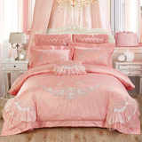 婚庆床品 全棉结婚四件套粉色蕾丝奢华刺绣七件套床单式1.8m床
