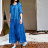牧衣原创设计蓝色女装短袖文艺复古2015夏季连衣裙 一座城