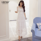 夏季女装名媛气质修身白色蕾丝长裙子夏韩国高腰显瘦中长款连衣裙