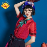 密扇设计师女装夏款复古中国风红色雪纺衬衫民族风系带蝴蝶结上衣