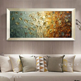 欧式纯手绘抽象油画客厅沙发墙装饰画壁画有框画厚油金色花发财树