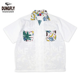 Dungfly韩国代购男装夏季新款韩版GINGHAM潮流印花夏威夷短袖衬衫