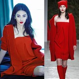 张雨绮明星同款 高级质感红色羊绒连帽针织外套+抹胸裹胸裙套装女