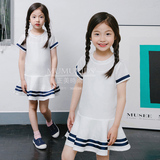 2016夏新款女童装韩版学院风海军水手服学生修身短袖中长款连衣裙