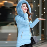 冬季新款时尚女装修身中长款大毛领羽绒棉服韩版收腰连帽棉衣外套