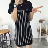 2016春季新款韩版圆领中长款短袖针织衫学生T恤修身竖条纹体恤女