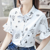 2016夏季新款韩范女装上衣大码宽松纯棉白色小衫印花短袖打底衬衫