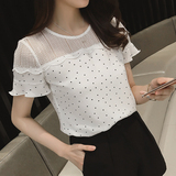 韩版女装气质刺绣蕾丝衫镂空荷叶边上衣一字领喇叭袖波点雪纺衫潮