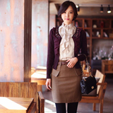 2015秋季新款韩版v领荷叶边钉珠修身长袖毛针织衫女短款开衫外套