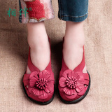 相伴夏季新款女鞋 红色花朵真皮优雅凉鞋 中跟镂空包头单鞋凉鞋潮