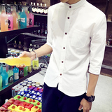 夏季亚麻衬衫韩版男士寸衫白色七分袖修身休闲青年大码衬衣薄款潮