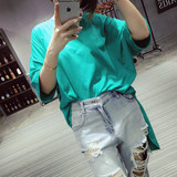米尺2016夏季新款韩版蝙蝠袖简约宽松不对称前短后长中长款T恤 女