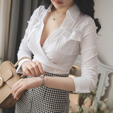 爱熹尔2016韩系秋装长袖衬衫性感V领修身百搭OL白色衬衫上衣女