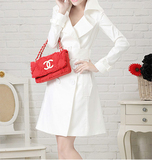 韩国2016新款春装韩版修身双排扣中长款女式白色风衣外套女秋季潮