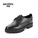 Westlink西遇春秋季新款真牛皮中跟系带厚底单鞋纯黑色粗跟女皮鞋