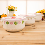 创意泡面碗樱花四叶草陶瓷大容量带盖带勺筷情侣碗密封打包食堂碗