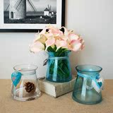 欧式田园蓝色玻璃花瓶透明花器  创意软装饰品 客厅书房摆件家居